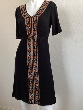 Stevie Hender, size S, black crinkle dress with embroidery, fully lined
